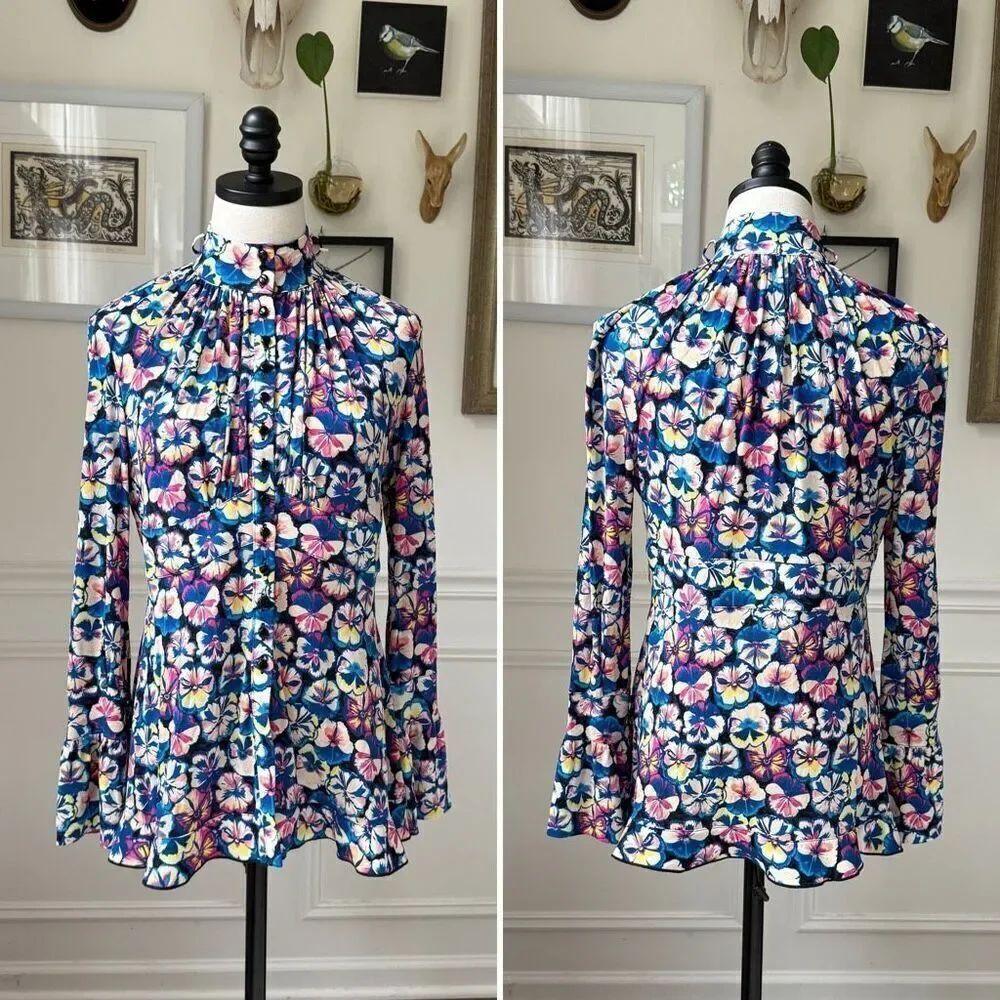 Paco Rabanne Floral Pansy Button Up Mock Neck Peplum Blouse $800 40 8